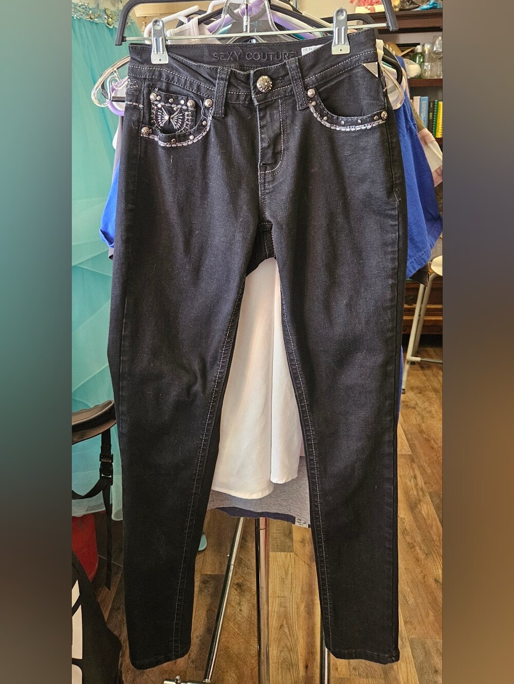 Black Skinny Jeans with Embellished Pockets